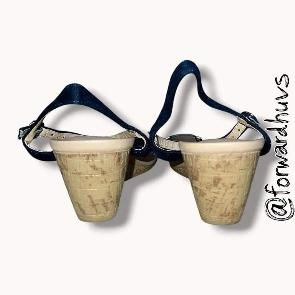 B. Comfort Navy Blue & Gold Ankle Strap Wedge Sandals Size 9